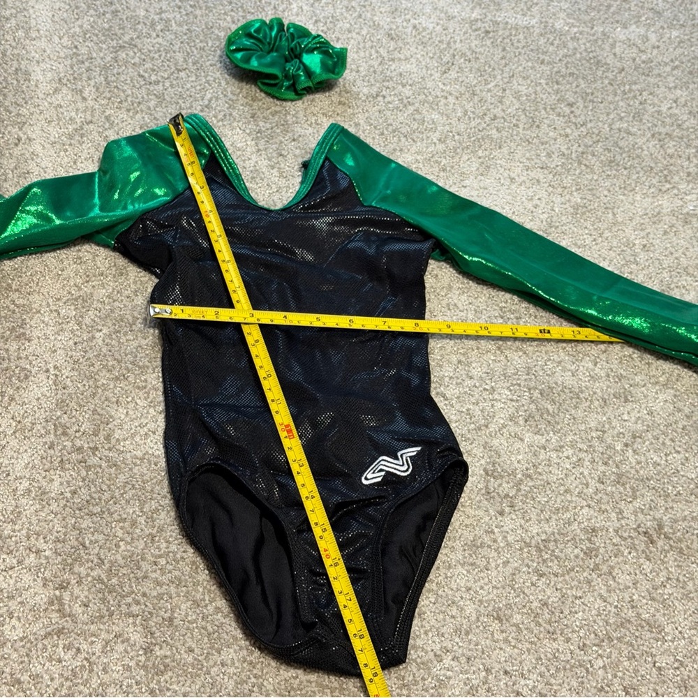 Alpha Factor Green & Black Girls Intermediate 6X-7 Gymnastics Leotard Scrunchie - Picture 3 of 6
